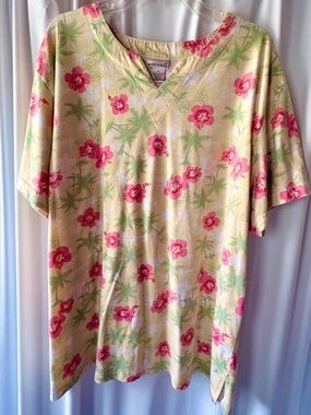 Vintage Fashion Bug Women's Yellow/Pink/Green Tropical Palm Tree V-Neck 3X
